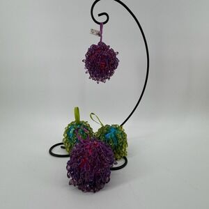 Pier 1 Beaded Bauble Ornaments Set of 4 Purple Blue Green Festive Decor